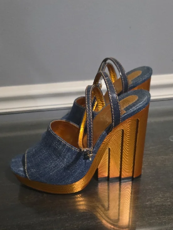 Auth Christian Louboutin Mira Colunata 120 Denim Gold Deco Platform Heel 38½ 8.5 - Picture 2 of 4